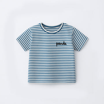 WHITE WITH BLUE STRIPES PANDA HALF SLEEVES T-SHIRT FOR BOYS